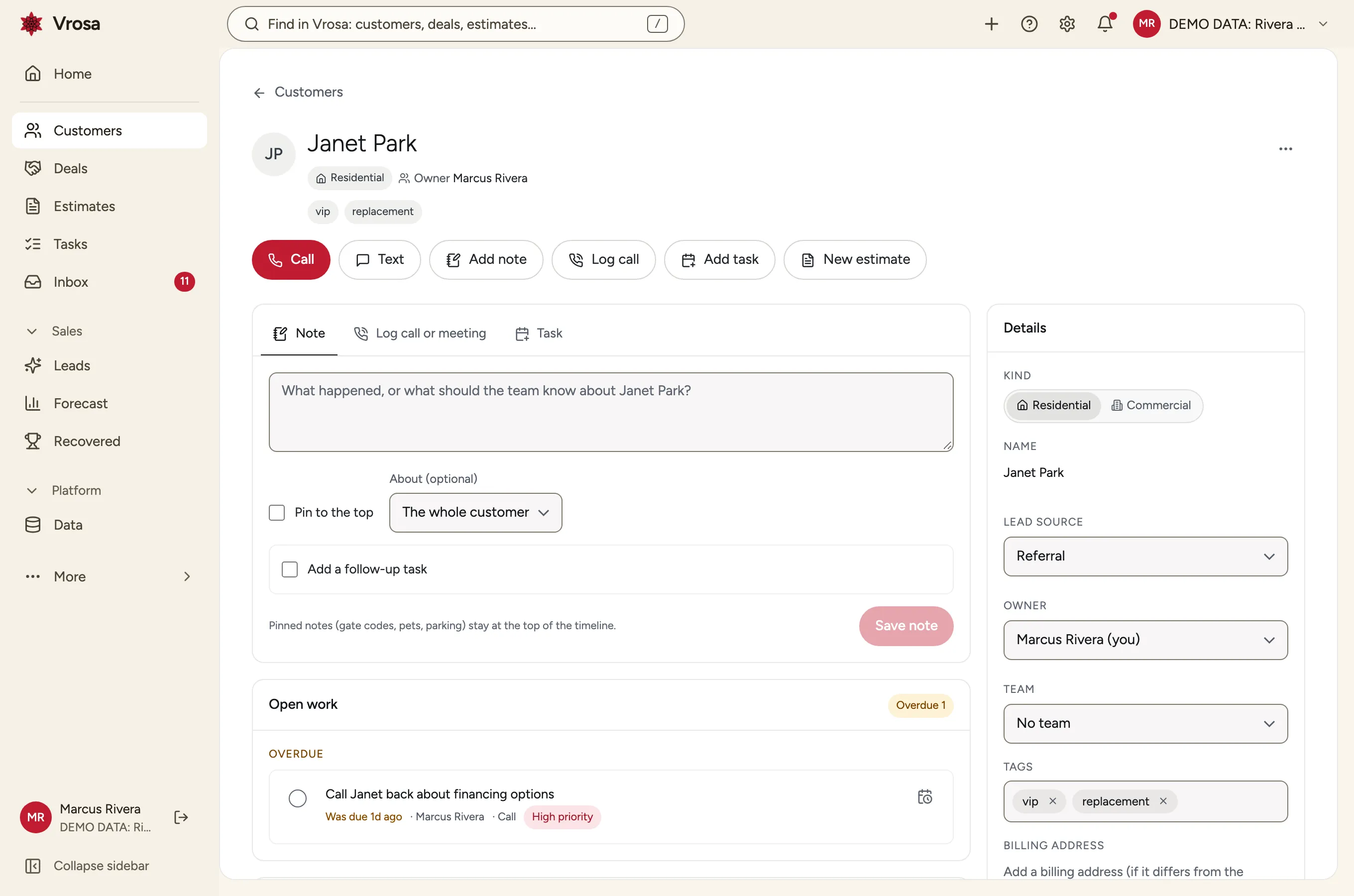 A Vrosa customer record with contact details, open work and a timeline, using example data