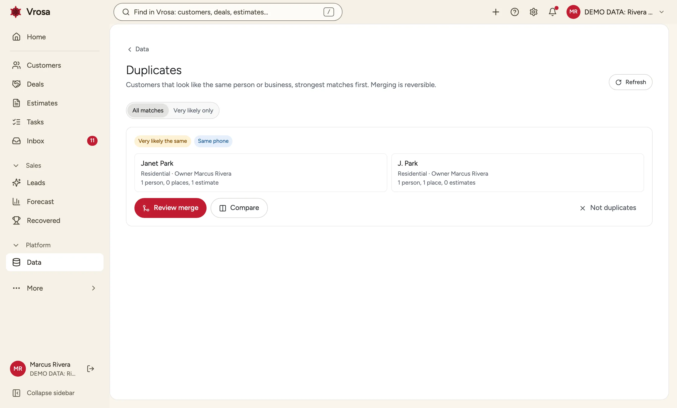 Vrosa listing two customers that look like the same person, with a review merge button