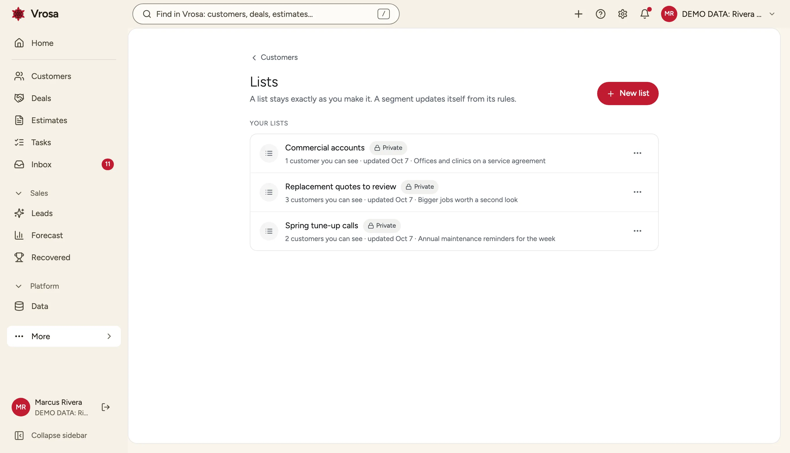 A Vrosa list named Spring tune-up calls with example data