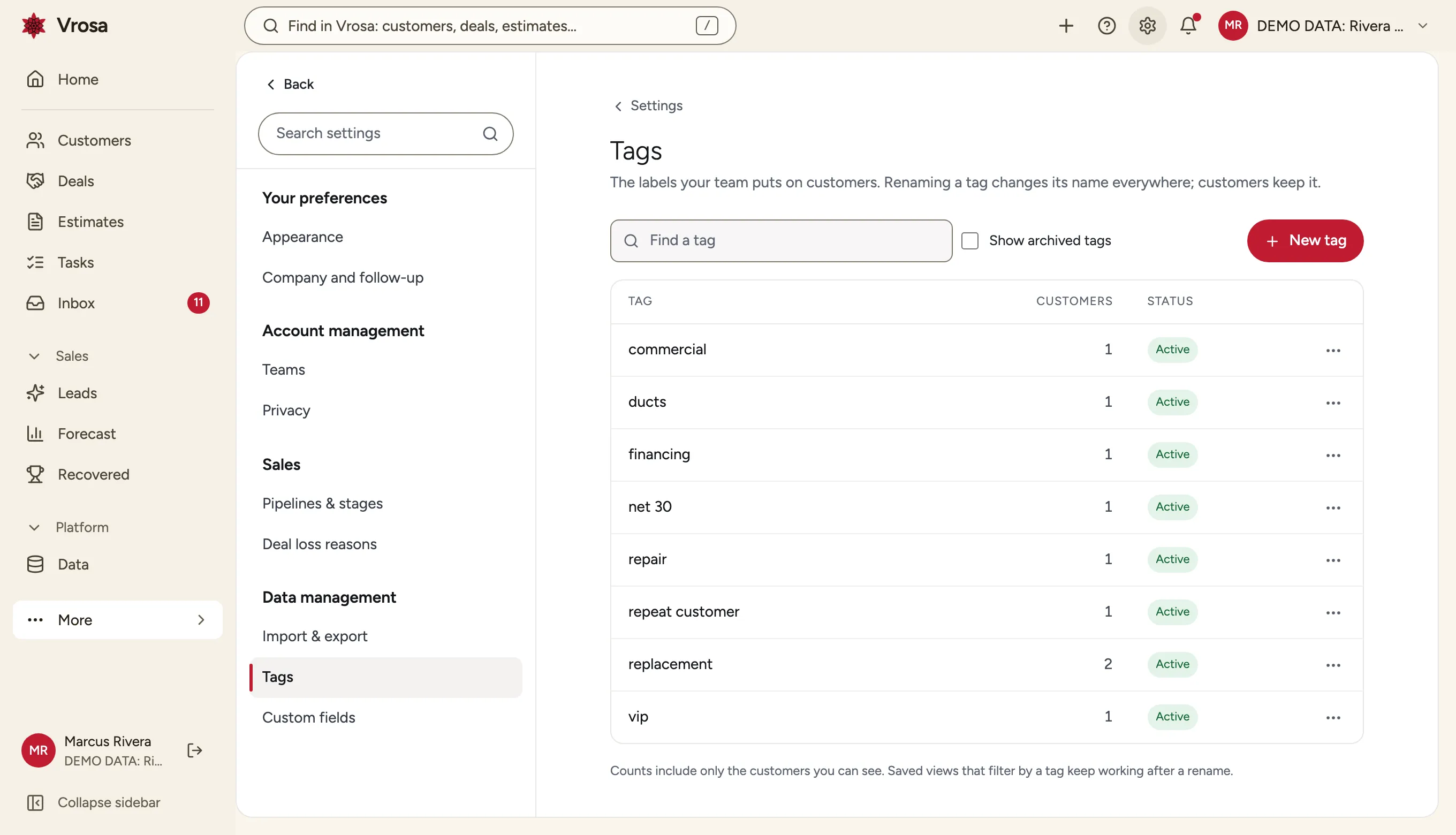 The Vrosa tag catalog with usage counts, using example data