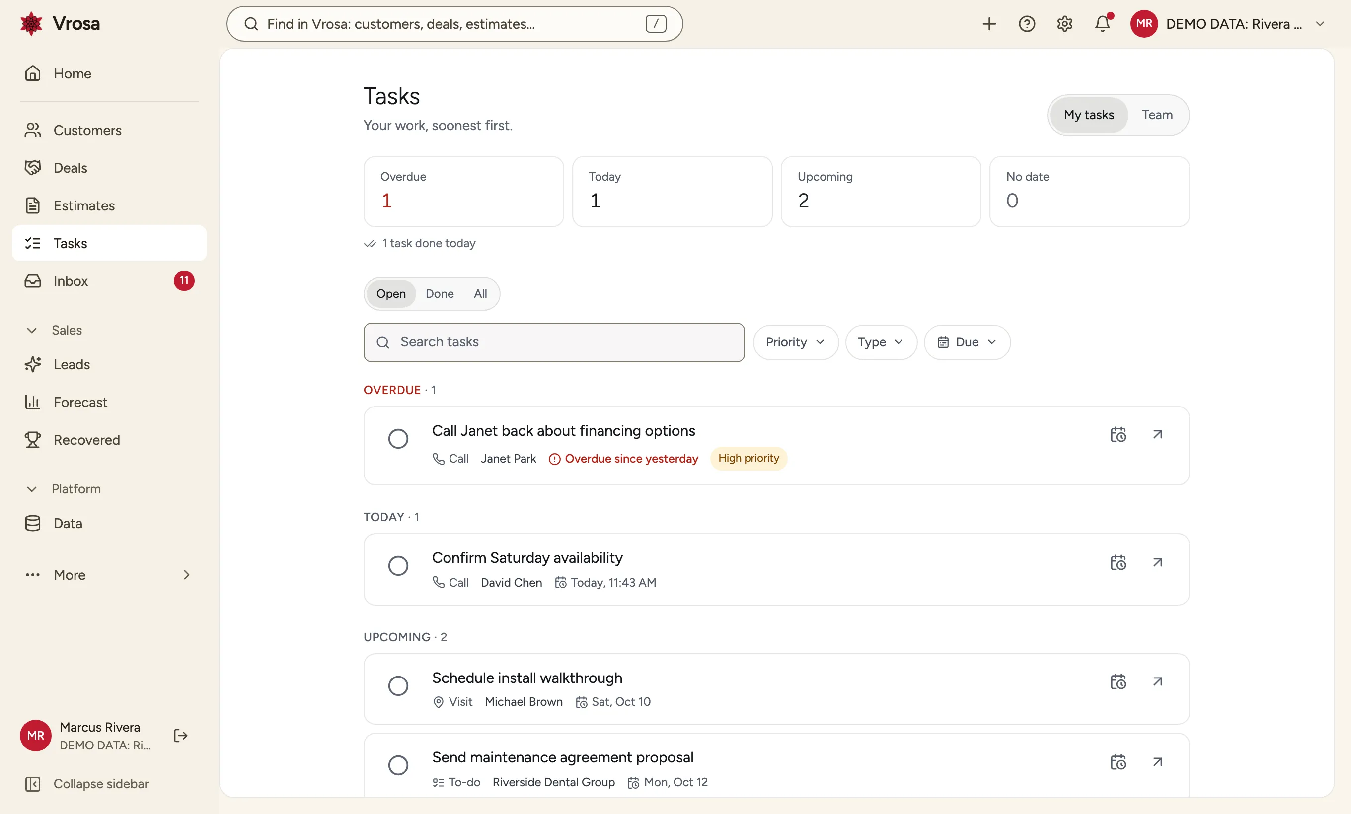 Vrosa tasks sorted by what is overdue first