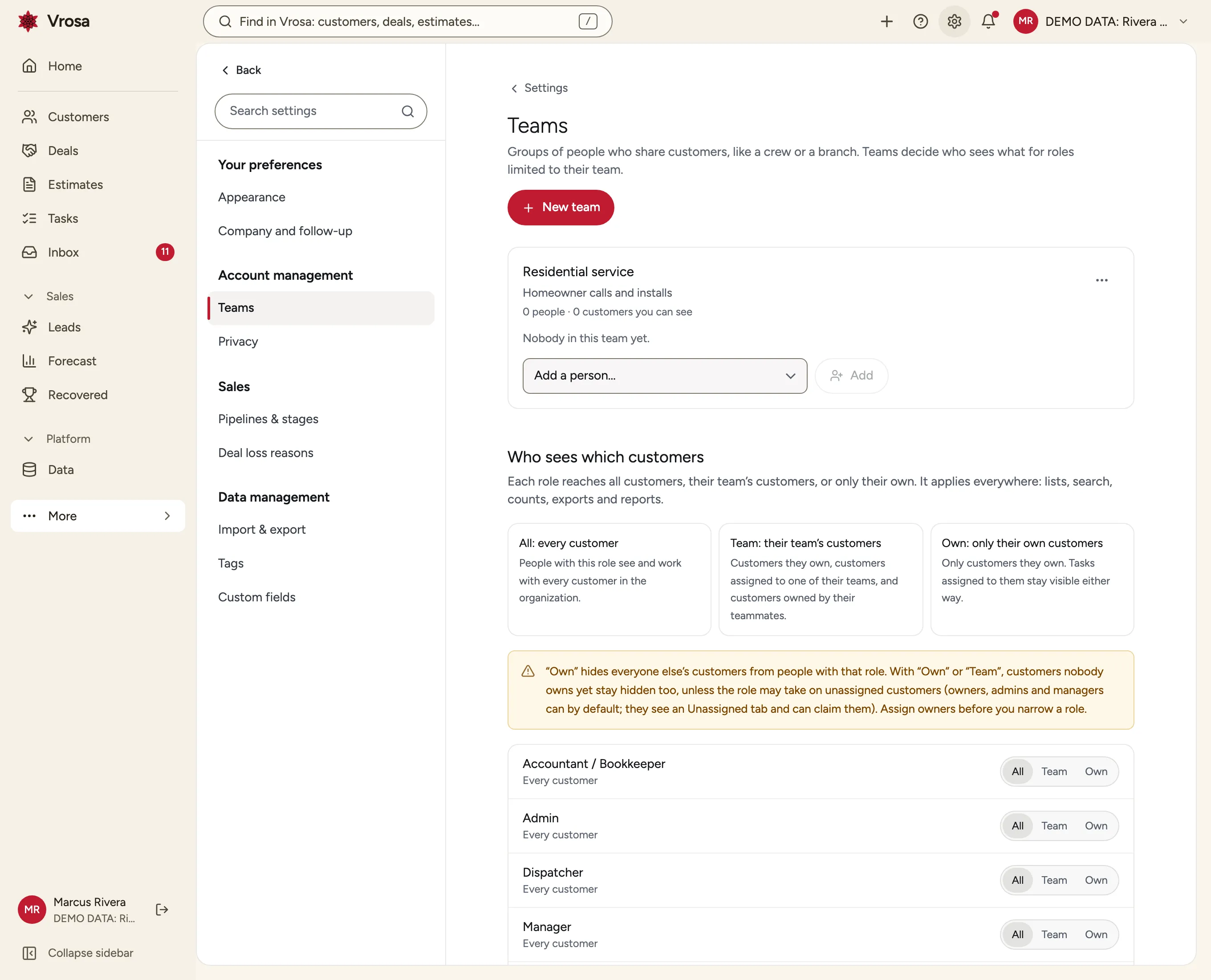 Vrosa settings showing which customers each role can see
